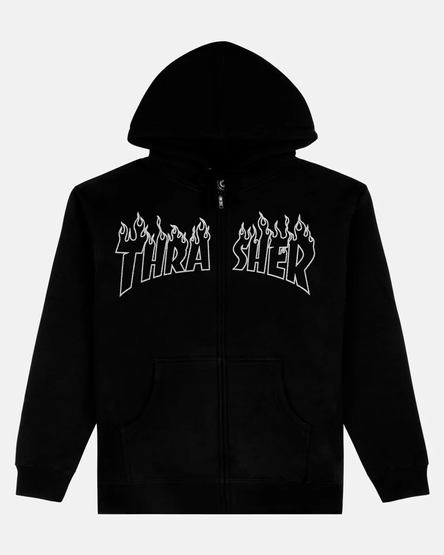 FLAME EMBROIDERED - ZIP HOODIE - BLACK